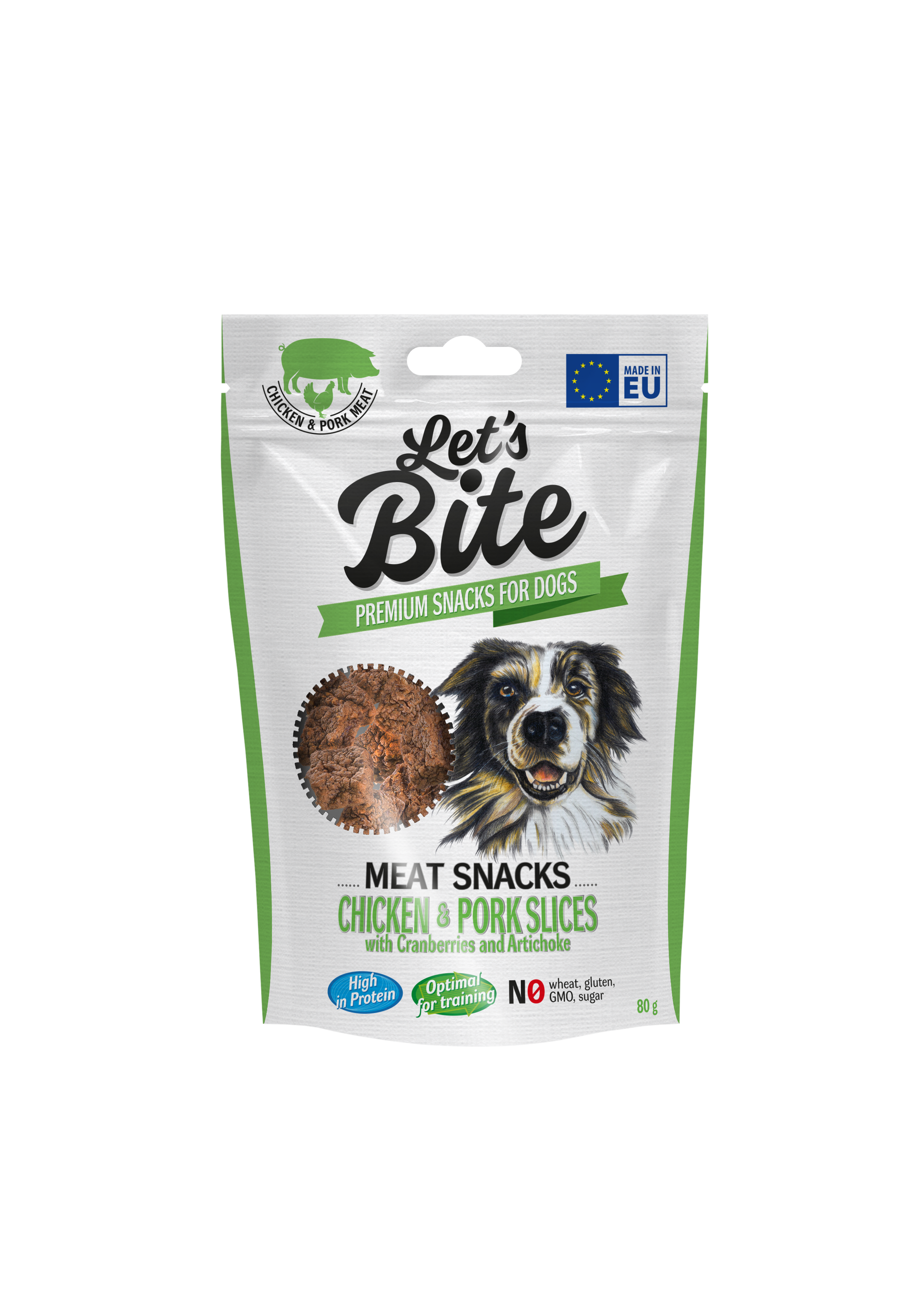 Let´s Bite Meat Snacks. Kyckling &Fläsk skivor med tranbär 80g